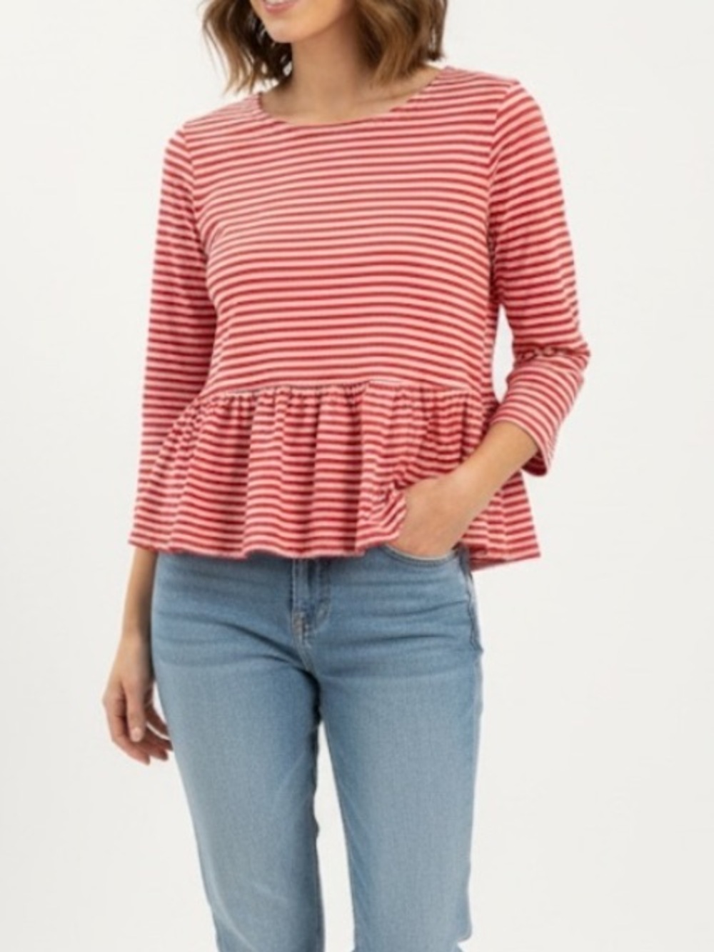 We The Free Red & White Striped Cropped 3/4 Length Babydoll Peplum Shirt Size XS